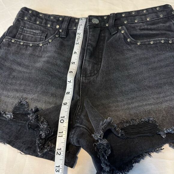 Austin Landing Black Distressed Studded Denim Mini Shorts Women 28” Biker Grunge - Picture 8 of 10